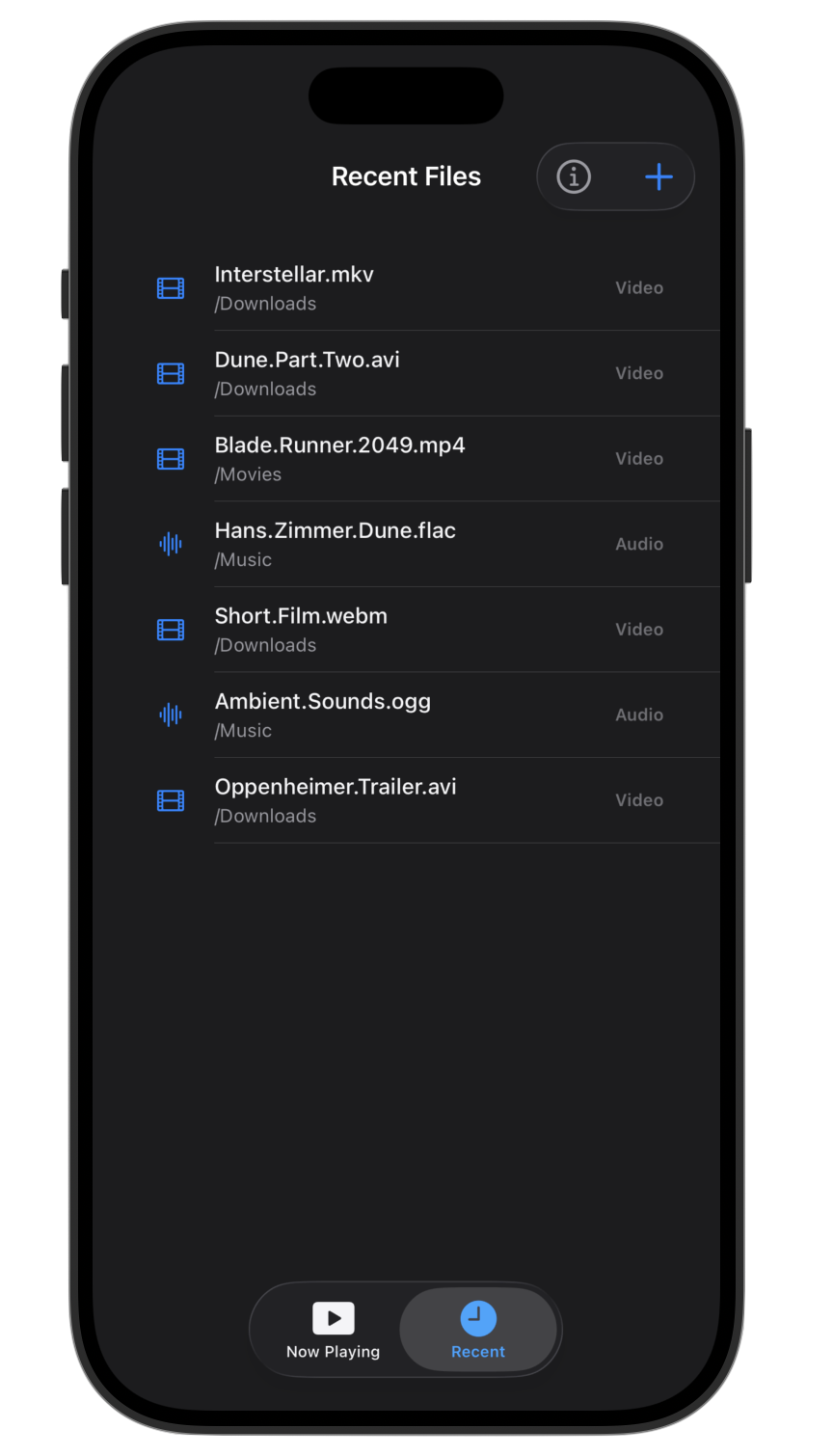 Veuo recent files screen showing multiple video and audio formats